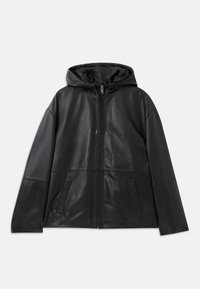 Mustangmust värvitud nahast jakk, millel on kapuuts ja kaks ees olevat sliti taskut, eksponeeritud lapikult valge taustal.