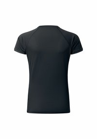 Schwarzes Sportshirt mit kurzen Raglanärmeln, glatter Textur und figurbetontem Schnitt. Die Rückansicht hebt einen schlichten Stil ohne Muster hervor.
