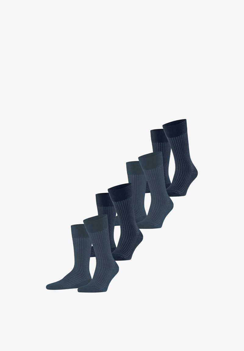 Pakket van vijf donkerblauwe sokken met geribbelde bovenkanten en gestructureerde patronen. Elke sok heeft een gladde afwerking en een mid-kuit lengte ontwerp.