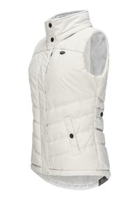 Gilet leggero senza maniche di colore crema, con colletto alto, design trapuntato, chiusura a bottoni a pressione e tasche laterali. Fodera interna morbida.