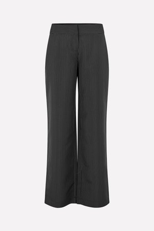 Black wide-leg trousers with white pinstripes, featuring a smooth waistband and a relaxed fit for comfort, made from lightweight fabric.
