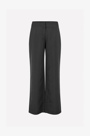 Black wide-leg trousers with white pinstripes, featuring a smooth waistband and a relaxed fit for comfort, made from lightweight fabric.