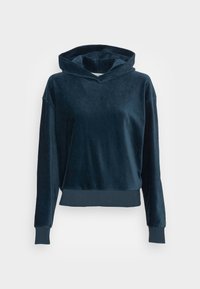 Mörkblå sammetsliknande hoodie med en framtill kanguruficka, vida muddar och en tjock huva med dragsko. Mjuk textur med avslappnad passform.