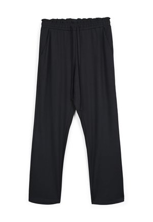 Pantaloni neri, dal taglio morbido e realizzati in materiale leggero, con vita elastica e coulisse, e tasche laterali.