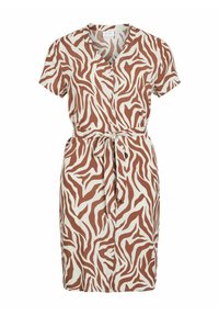 Kortsleeved omslagklänning i beige med ett brunt zebramönster, med knytmidja och knappstängning fram. Slät tygkvalitet.