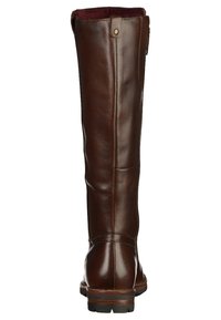 Brązowy skórzany kozaki do kolan o gładkiej fakturze, delikatnym połysku i zaokrąglonym nosku. Posiadają boczny zamek i mały guzik u góry.