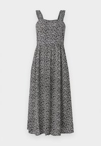 Μαύρο φλοράλ μέγα φόρεμα με τετράγωνη λαιμόκοψη, φαρδιές τιράντες και ρέουσα φούστα. Κατασκευασμένο από μαλακό ύφασμα με μικρά λευκά φλοράλ μοτίβα.