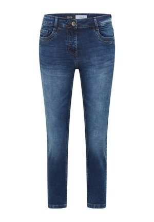 Mørkeblå slim-fit denimjeans med falmet detaljer, frontknap, lynlås og fem-lomme design.