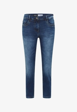 Donkerblauwe slim-fit spijkerbroek met vervaagde details, knopen aan de voorkant, rits en ontwerp met vijf zakken.