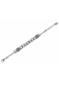Bracciale d'argento con perline di forme variegate, caratterizzato da schemi intricati e accentuazioni in zirconia cubica. Chiusura con catena regolabile.