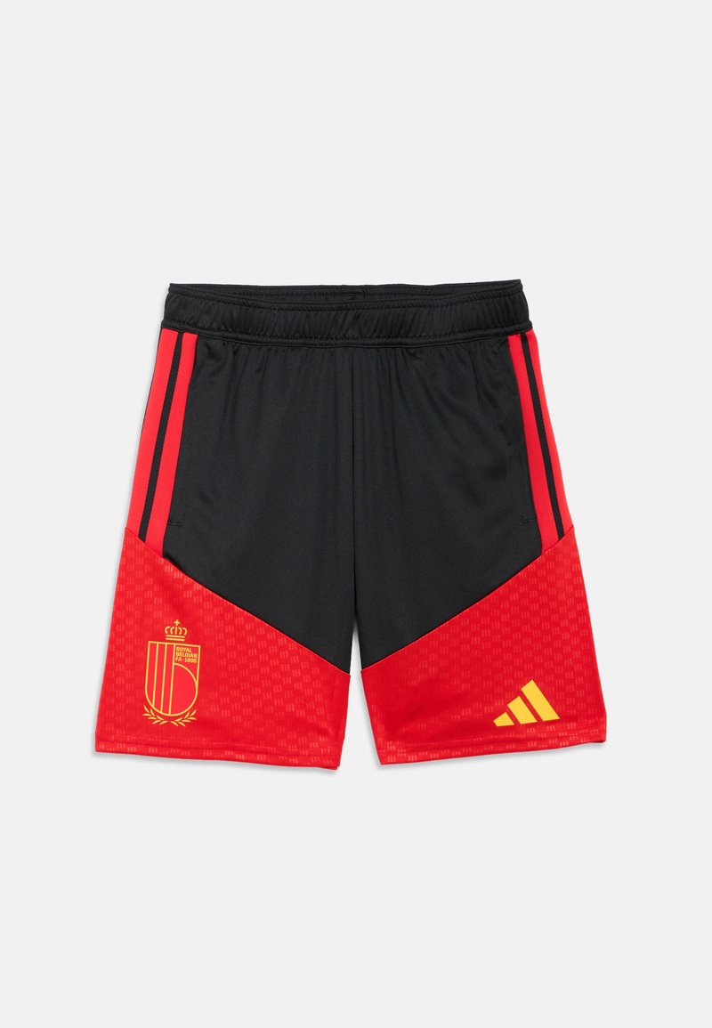Schwarze und rote Sportshorts mit elastischem Bund, mit gelbem Royal Belgian FA-Wappen am linken Bein und Adidas-Logo am rechten Bein.