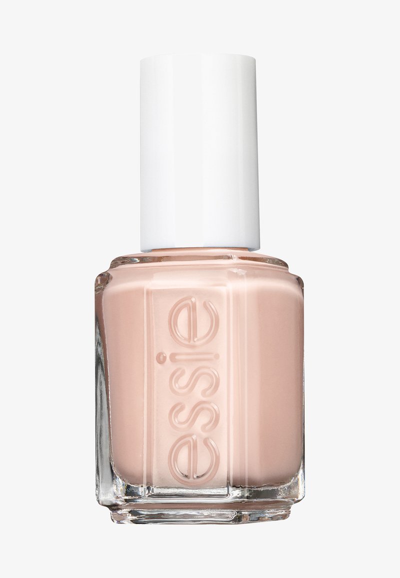 Bottiglia di smalto per unghie in vetro trasparente contenente uno smalto di colore rosa chiaro. Il tappo è bianco e l'etichetta presenta il nome del marchio "essie" in rilievo.