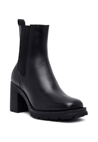 Stivale alla caviglia in pelle nera con tacco chunky, dotato di pannelli laterali elastici, finitura liscia e design con punta arrotondata.
