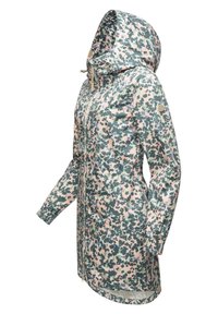 Blomstermønstret vandtæt jakke i nuancer af grøn, pink og blå. Har hætte, frontlynlås og elastiske manchetter.