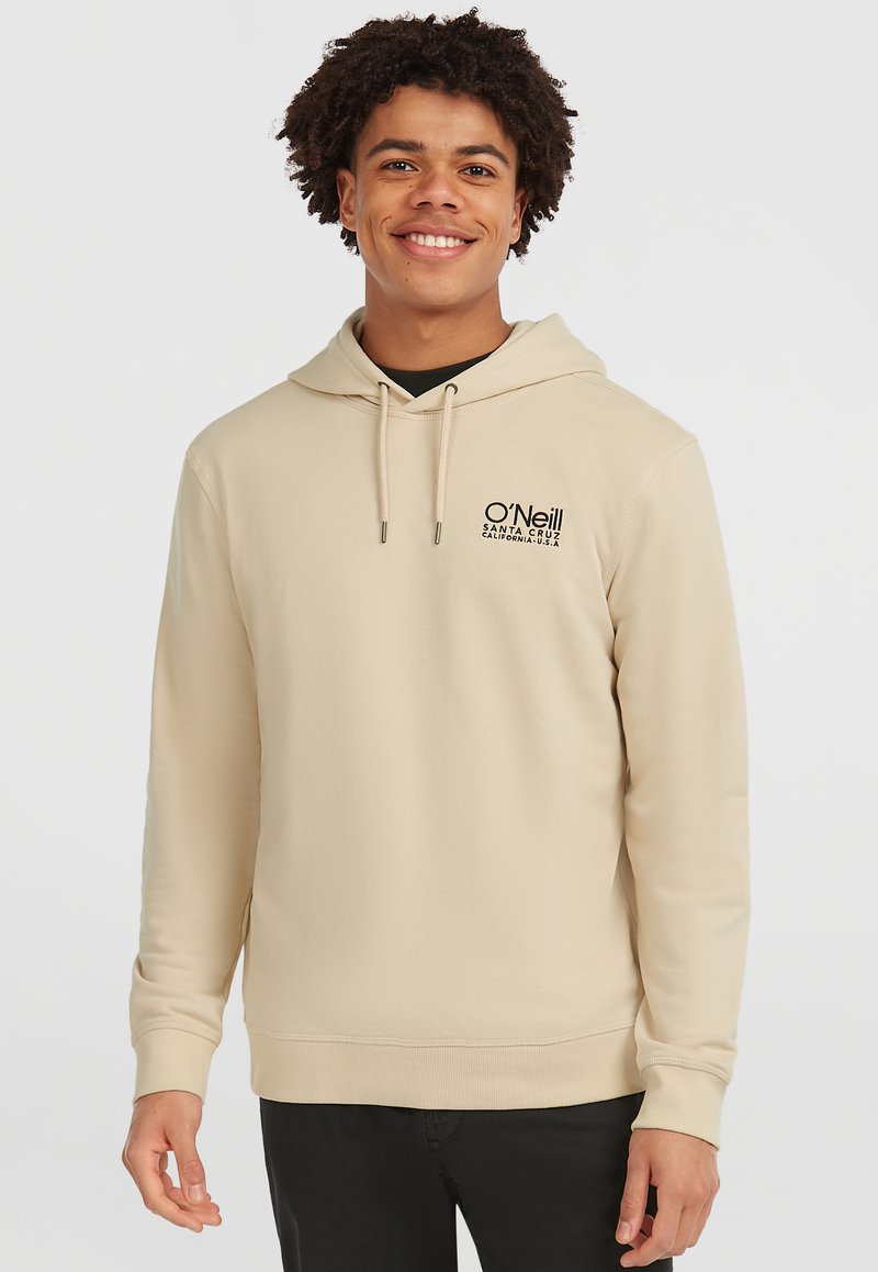 Beige hoodie met een trekkoord, ribgebreide manchetten en zoom, met zwart O'Neill-logo op de borst. Gladde stoftextuur.