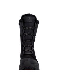 Schwarze Winterstiefel mit einem hohen Schaft, Kunstfellbesatz am Bund, rutschfester Gummisohle und einer Schnürung mit grauen Schnürsenkeln.