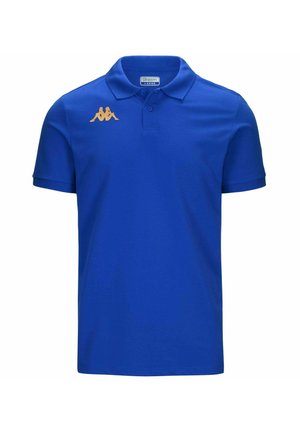 Polo shirt in cotone blu con colletto classico, maniche corte e logo Kappa arancione sul lato sinistro del petto. Texture liscia, vestibilità regolare.