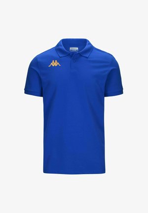 Polo en coton bleu avec un col classique, des manches courtes et un logo Kappa orange sur la poitrine gauche. Texture lisse, coupe classique.