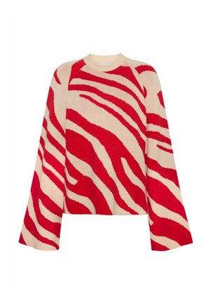 Rood en crèmekleurig trui met een gestreept zebrapatroon, voorzien van een ronde halslijn en brede mouwen, vervaardigd uit gebreide stof.