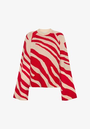 Rood en crèmekleurig trui met een gestreept zebrapatroon, voorzien van een ronde halslijn en brede mouwen, vervaardigd uit gebreide stof.