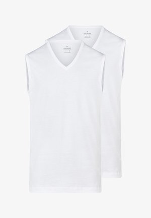 Two plain white sleeveless V-neck undershirts stacked, showing front view with fabric texture and brand label inside collar.