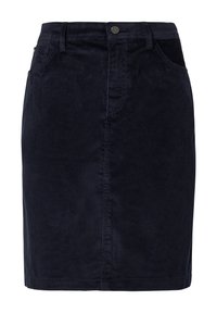 Navy corduroy rok met een slim fit ontwerp, voorzakken en een knoopsluiting aan de voorkant, met een verticale ribbelstructuur en een rechte zoom.