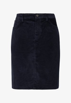 Tumes sinel corduroy seelik, mis on kinnitatud disainiga, ees olevate taskute ja eest nupuga kinnitusega, vertikaalse ribatuga tekstuuriga ja sirge alumise servaga.