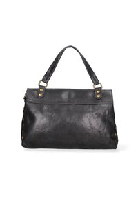 Zwart leren handtas met een gladde textuur, bovenhandvat en gouden hardware accenten. Bevat messing studs langs de zijkant.