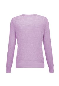 Maglione in maglia lilla con maniche lunghe, polsini e orlo ribaditi, caratterizzato da un motivo testurizzato su tutta la superficie del tessuto. Vista posteriore mostrata.
