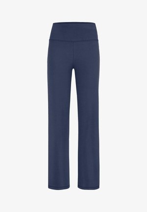 Marineblaue, gerade geschnittene, hoch taillierte Hose mit breitem Bund, ohne sichtbare Taschen oder Verzierungen, Vorderansicht auf weißem Hintergrund.