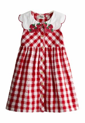 Rochie fără mâneci, în carouri roșii și albe, cu nasturi din lemn pe partea din față și guler alb cu margini ondulate, brodat cu căpșuni.