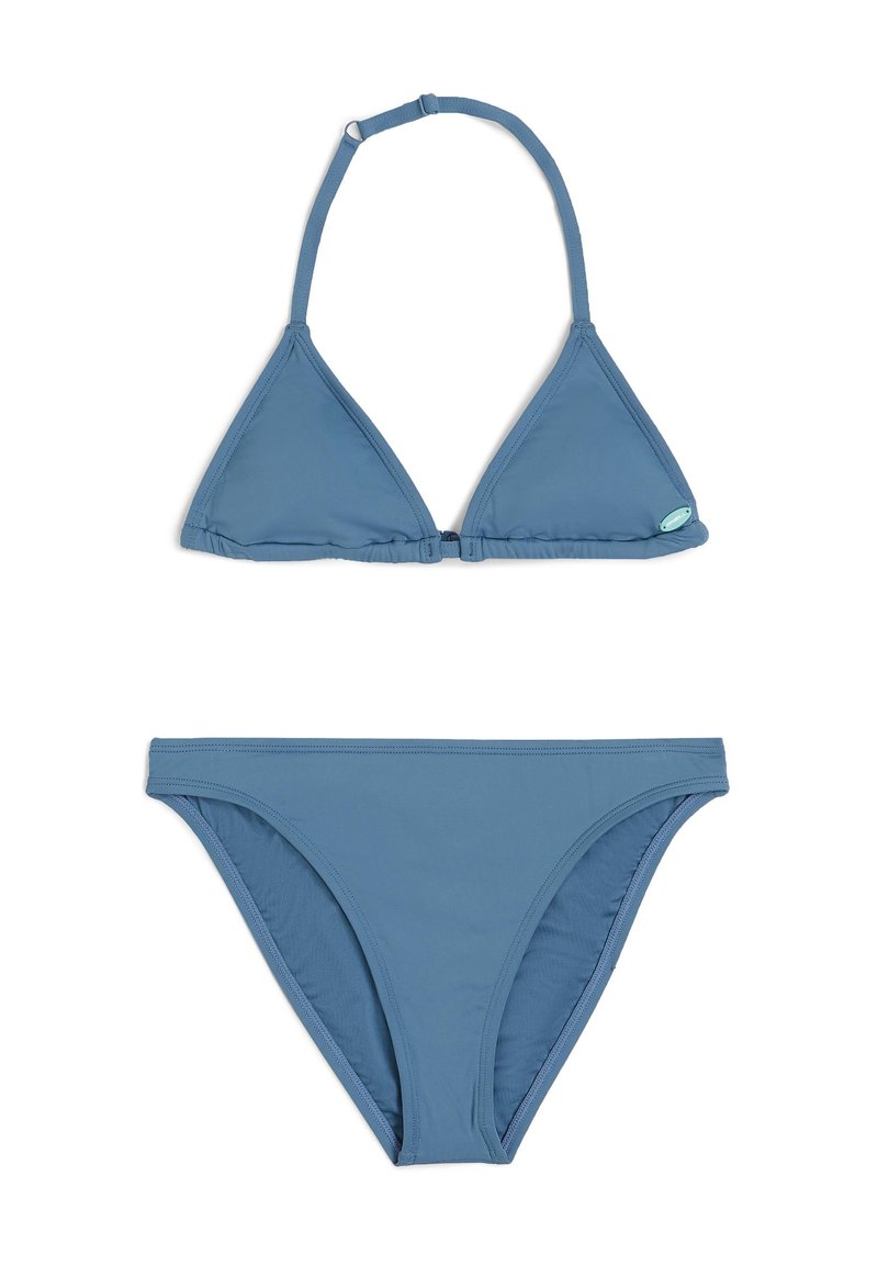 Ensemble de bikini bleu comprenant un soutien-gorge triangulaire avec des bretelles ajustables et une fermeture, accompagné d'un bas taille basse assorti.