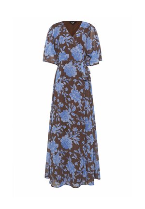 Ruskea kietaistava mekko, jossa on suuri sininen kukkakuvio, lyhyet liehuvat hihat, V-pääntie ja sivulla solmittava vyötärö, laskeutuva nilkkapituinen helma.