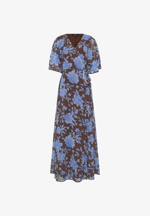 Ruskea kietaistava mekko, jossa on suuri sininen kukkakuvio, lyhyet liehuvat hihat, V-pääntie ja sivulla solmittava vyötärö, laskeutuva nilkkapituinen helma.