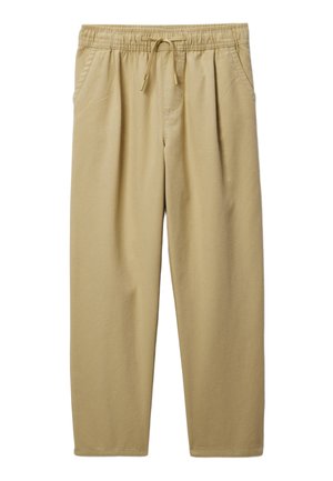 Pantalon décontracté beige kaki avec taille élastique et cordon de serrage, poches latérales, coupe ample, jambes droites.
