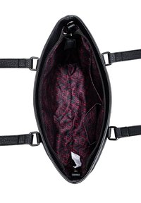 Black handbag with a textured leather exterior. Interior features a red and black zigzag pattern, multiple compartments, and a zip closure.