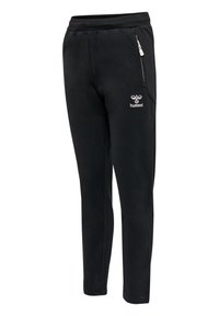 Schwarze Sweatpants mit schmaler Passform, aus weichem Material. Mit Seitentaschen und einem weißen Logo auf der linken Vorderseite.