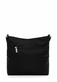 Black nylon crossbody bag with a smooth finish, top zipper closure, and a front exterior zip pocket. Features adjustable strap and silver hardware.