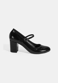 Zwarte gepatineerde leren Mary Jane hakken met een ronde neus, enkelbandje en een getextureerde blokhak. Gladde afwerking met een glanzend oppervlak.
