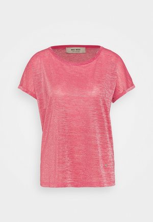 T-shirt rose à manches courtes en tissu texturé et scintillant. Présente un col rond et une coupe légèrement décontractée avec une étiquette logo à l'ourlet.