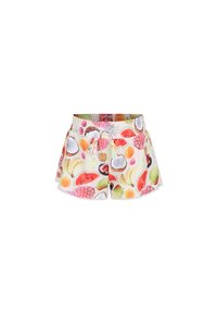 Fruit-geprinte shorts in pastelkleuren, met een elastische tailleband en trekkoord, gemaakt van lichtgewicht stof met een speels ontwerp.