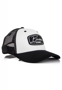 Black and white trucker cap featuring a solid black brim, white front panel, mesh back, and a black rectangular logo patch with white text.