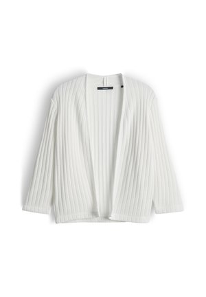 Weißer, gerippter Cardigan mit offenem Vorderteil, langen Ärmeln, entspannter Passform und ohne sichtbare Knöpfe oder Verschlüsse.