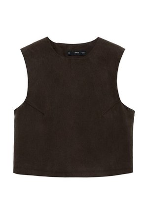 Crop top senza maniche di colore marrone scuro, con scollatura rotonda, spalle strutturate e tessuto morbido, leggermente testurizzato, con cuciture laterali.