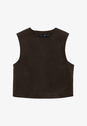 Mørkebrun ærmeløs crop top med rund halsudskæring, strukturerede skuldre og glat, let tekstureret stof med sidesømme.