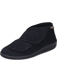 Black mesh slipper featuring three adjustable velcro straps, a soft texture, and a flexible rubber sole for comfort and support.