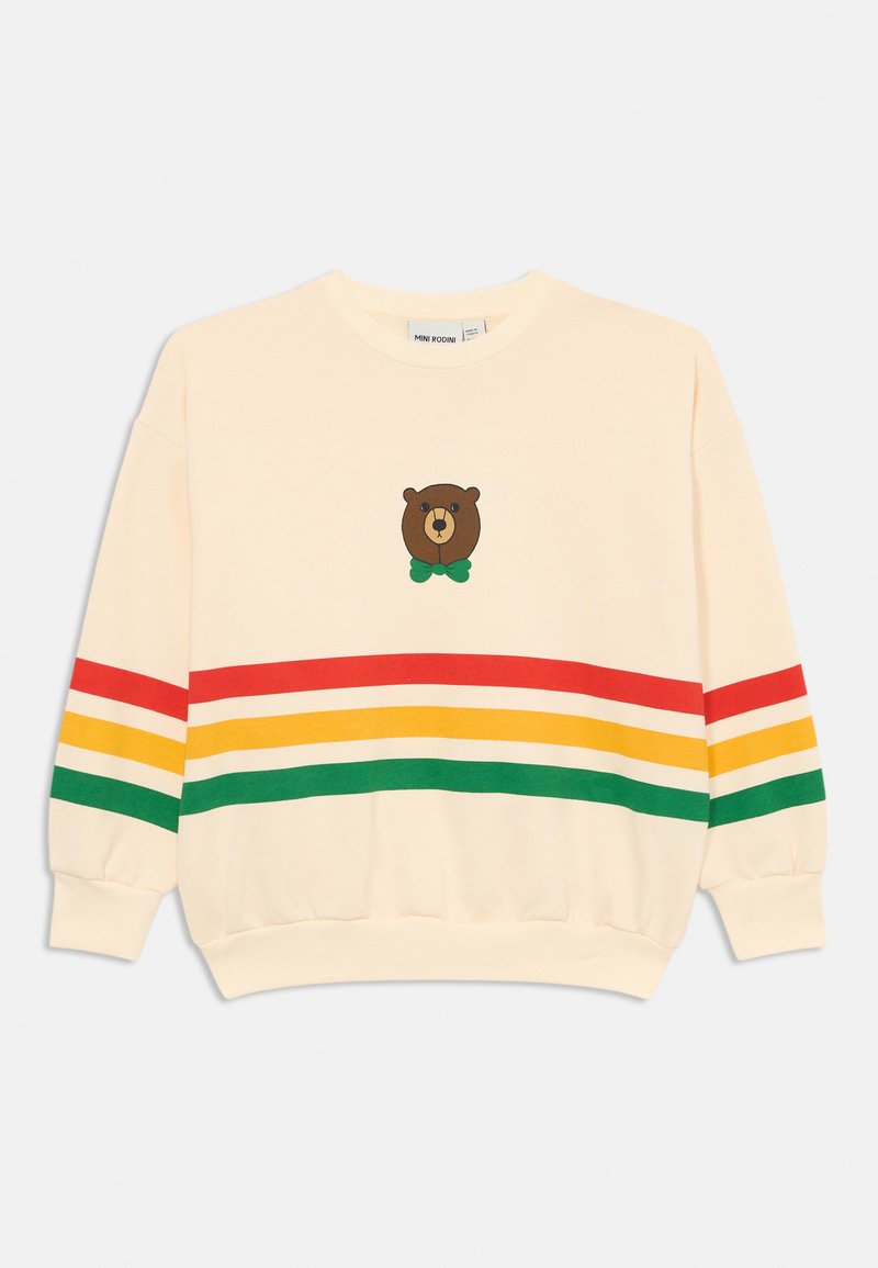 Cremefarbener Pullover mit regenbogenfarbenen Streifen in Rot, Gelb, Grün und Dunkelgrün. Mit einer Bären-Grafik und einer grünen Fliege in der Mitte.