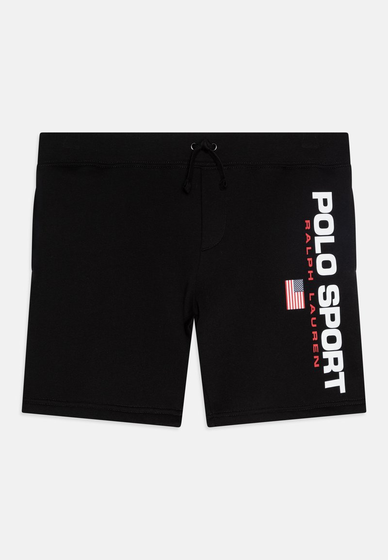 Melnas peldēšanas šortos, kas izgatavoti no elastīga materiāla, ir saiņota jostasvīte un balts "POLO SPORT" logo ar sarkaniem akcentiem un Amerikas karogu.