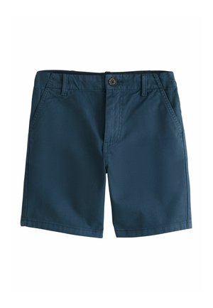 Navy blue cotton shorts with front button, zipper closure, belt loops, and slanted side pockets, displayed flat on white background.