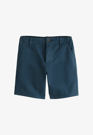 Pantaloni scurți din bumbac bleu naval cu nasture în față, închidere cu fermoar, bretele pentru curea și buzunare laterale oblice, prezentați așezați pe fundal alb.